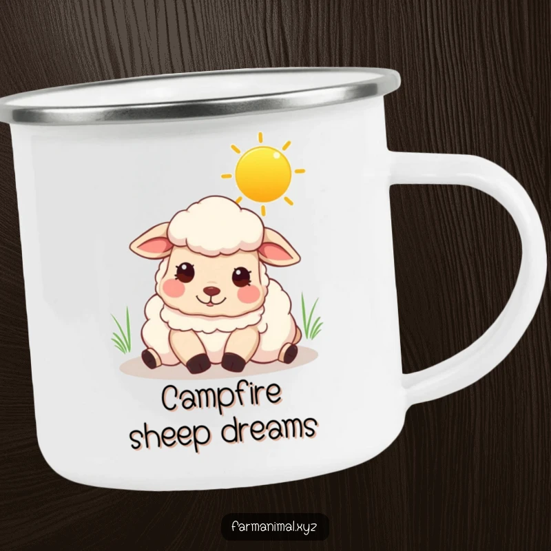 Funny sheep camping mug showing a content sheep resting under a sunny sky, ideal for peaceful outdoor moments.