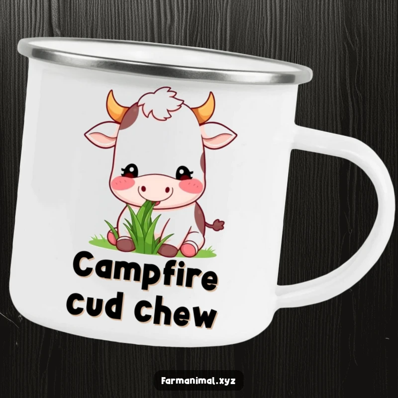 Funny happy cow munching peacefully on grass on a durable camping mug, ideal for outdoor relaxation and humorous farm animal fans.