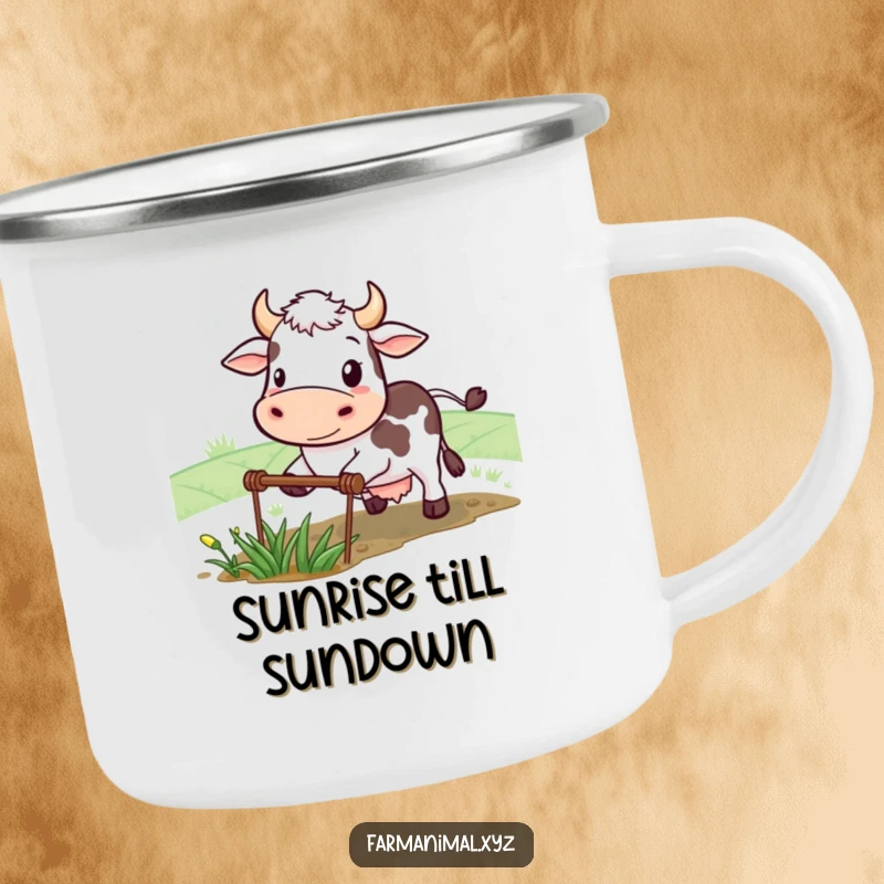 Funny cow camping mug depicting a determined smiling character plowing a small field, perfect for outdoor adventures with humorous farm grit.