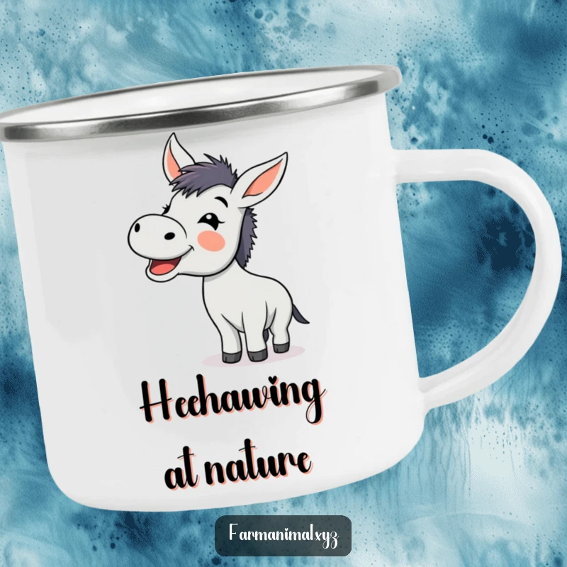 Funny donkey braying with glee on a camping mug, a humorous and durable companion for trips.