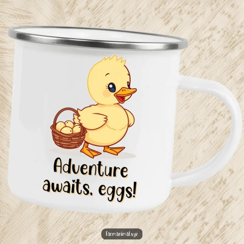 Funny Duckling Camping Mug featuring a proud duckling waddling with a basket of tiny eggs, perfect for outdoor adventures.
