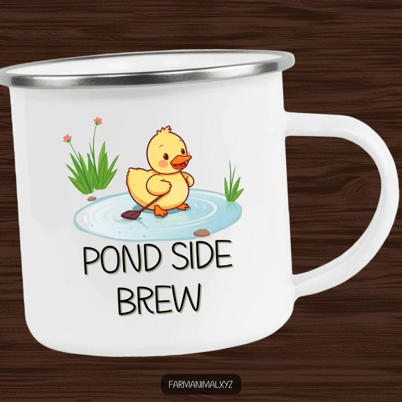 Funny duckling camping mug showing a happy duckling paddling energetically in a pond, a durable and humorous companion for outdoor trips.