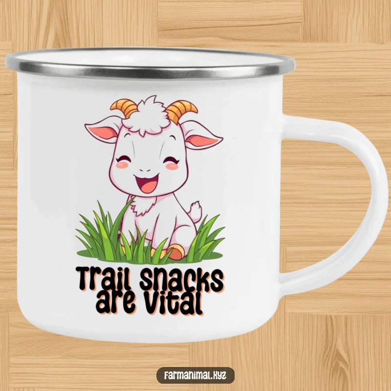 Funny goat camping mug showing a joyful goat character happily munching grass with a bright smile, perfect for outdoor lovers.