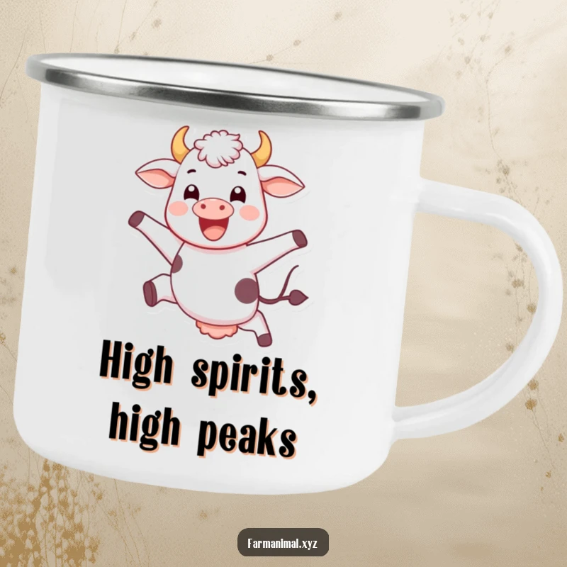 Funny jumping cow camping mug, joyfully leaping, a sturdy and humorous cup for outdoor enthusiasts.