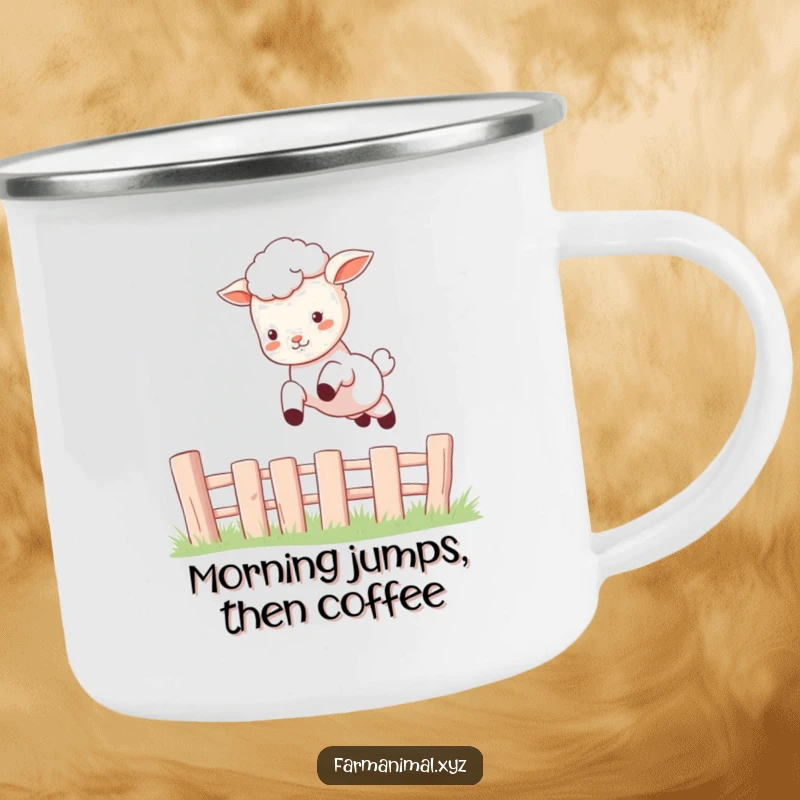 Funny Lamb Camping Mug featuring a joyful lamb leaping over a fence, durable and ready for any outdoor adventure.