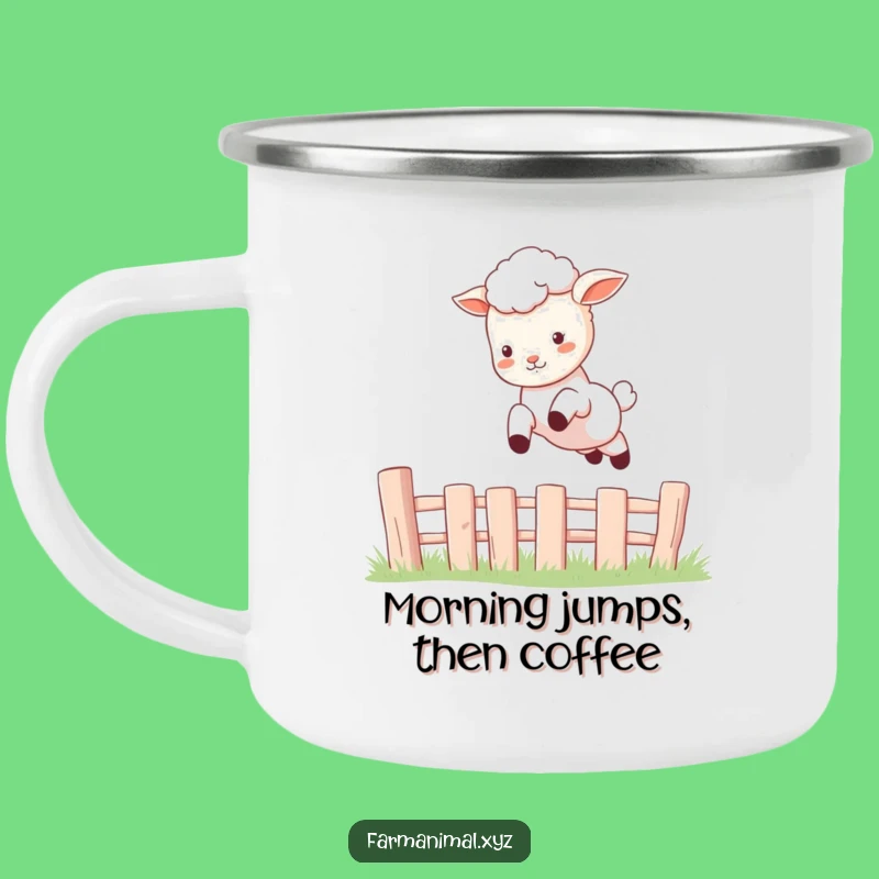 Funny Lamb Leap Camping Mug: Playful Enamel Farm Animal Cup, Hilarious Jumping Sheep Gift, Funny Gift