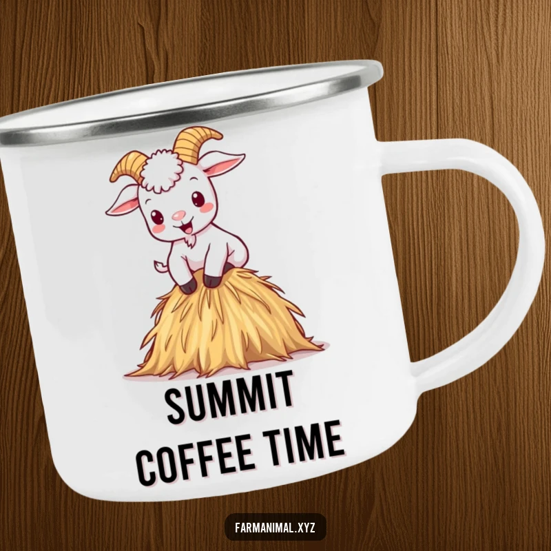 Funny camping mug with a mischievous cartoon goat gleefully climbing a haystack, built for outdoor fun.