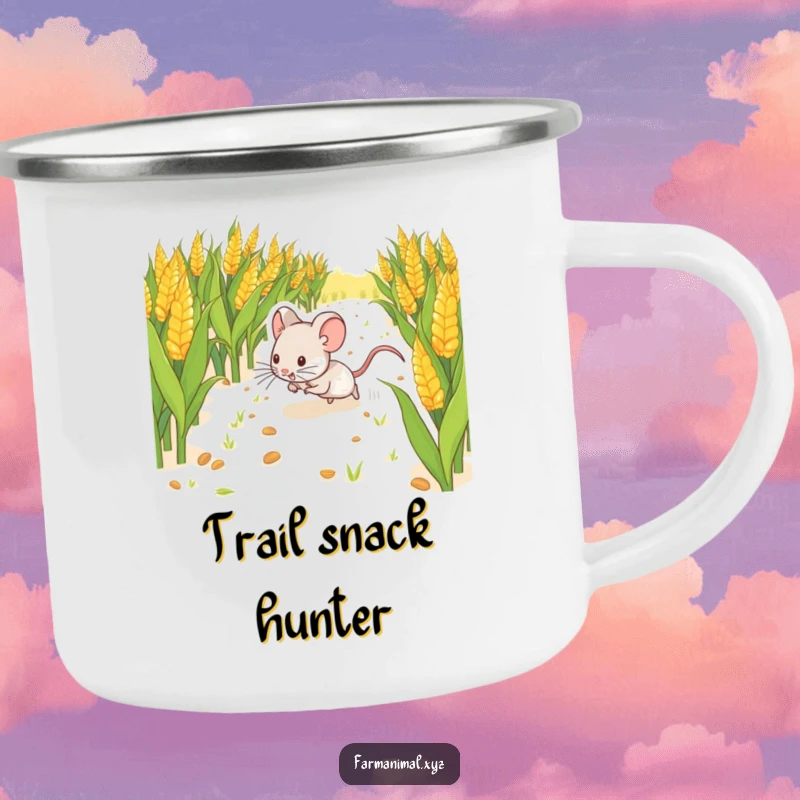 Funny Mouse Scurrying Camping Mug, showing a happy mouse scurrying through a cornfield, ideal for campfires and cheerful morning brews.
