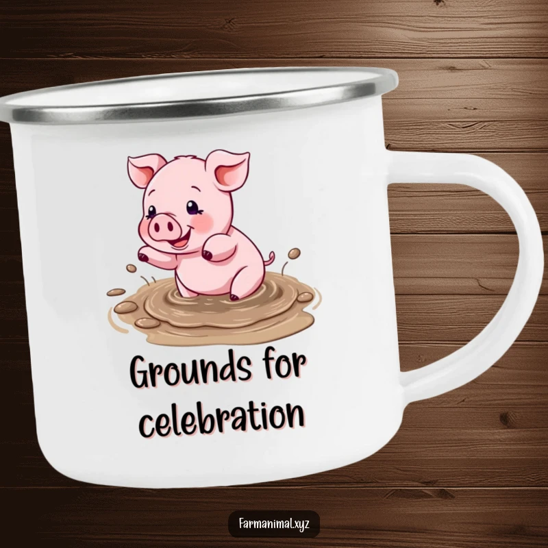 Funny camping mug with a happy pig splashing in a mud puddle, designed for durability and adding cheer to outdoor activities.