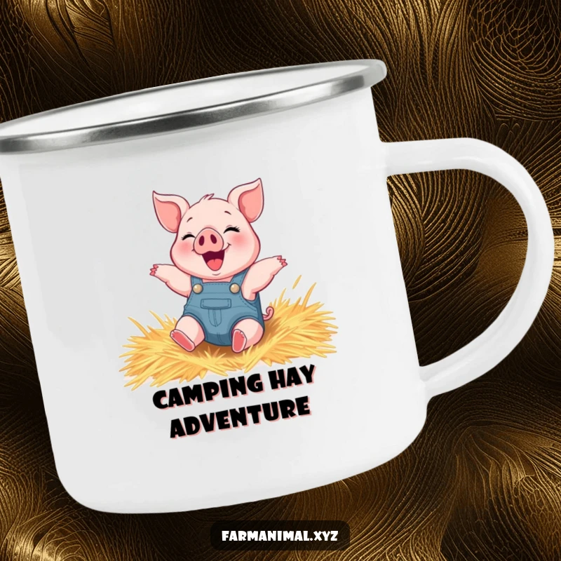 Funny piglet camping mug featuring a happy piglet in overalls gleefully rolling in hay, perfect for outdoor enjoyment.