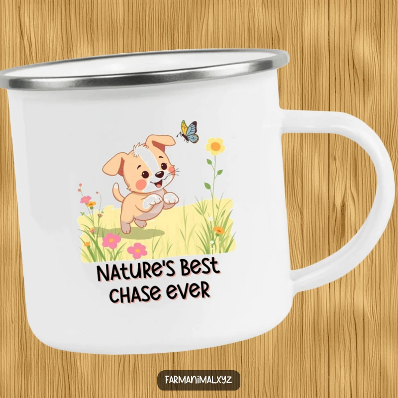 Funny puppy camping mug showing a happy dog chasing a butterfly in a sunny meadow, bringing cheerful vibes outdoors.
