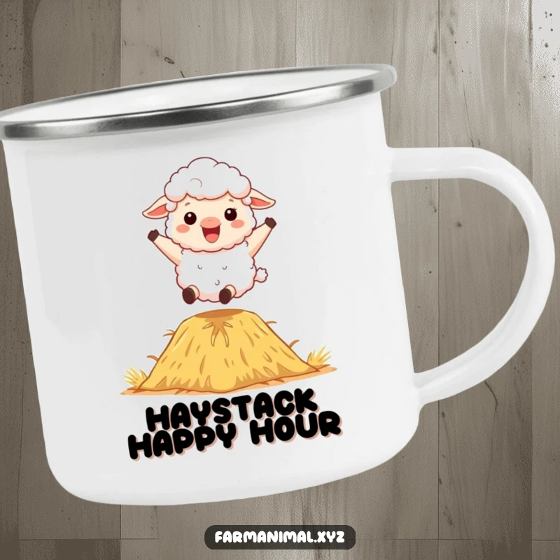 Funny Sheep Camping Mug: A fluffy sheep character bouncing on a haystack, ready for rugged outdoor use.