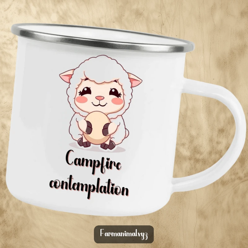 Funny Sheep Chewing Cud Camping Mug, showing a sheep's contented chew and smile, ideal for quiet mornings and peaceful outdoor brews.