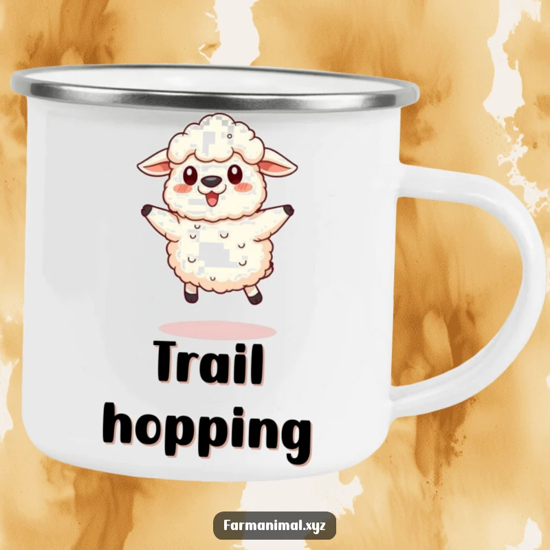 Funny Sheep Camping Mug showing a fluffy sheep in a funny jump, designed for outdoor humor and durability with a farm theme.