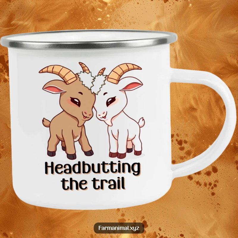 Funny goats playfully butting heads on a camping mug, a humorous and durable companion for trips.
