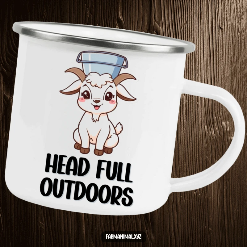 Funny goat character balancing a bucket on its head, a rugged camping mug for outdoor adventures. Perfect for fun-loving campers.