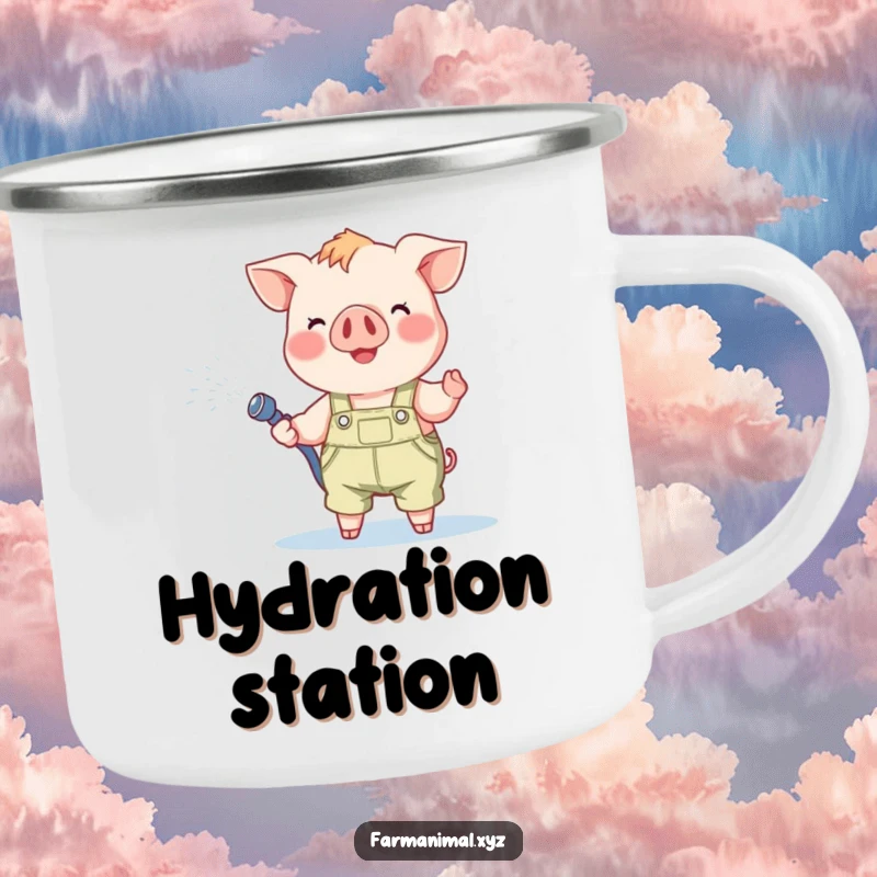 Funny Piglet Camping Mug: A cheerful piglet in overalls happily spraying water, ideal for rugged outdoor use.