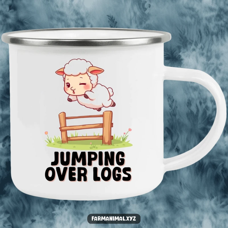 Funny sheep camping mug showing a determined sheep leaping over a fence, a durable and humorous companion for outdoor treks.
