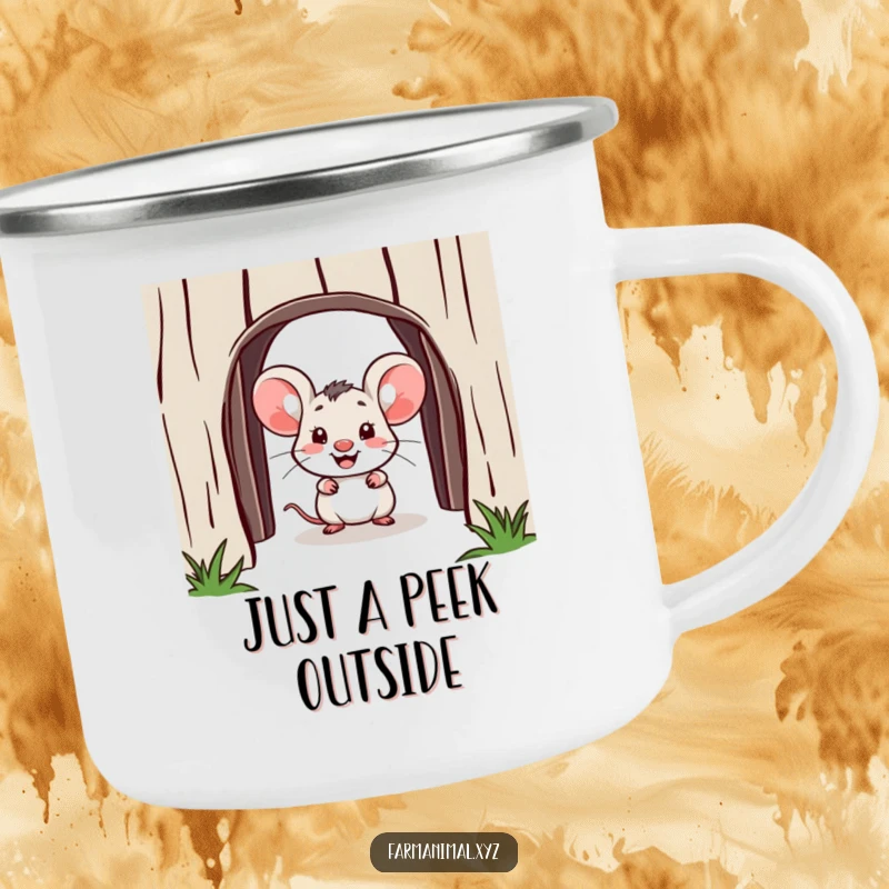 Funny mouse camping mug, a cheerful mouse peeking from a barn doorway, ideal for outdoor use, durable and humorous.