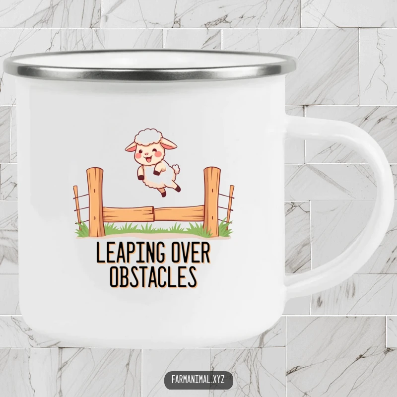 Funny dog camping mug showing a giggling sheep jumping over a fence, ready for adventure.