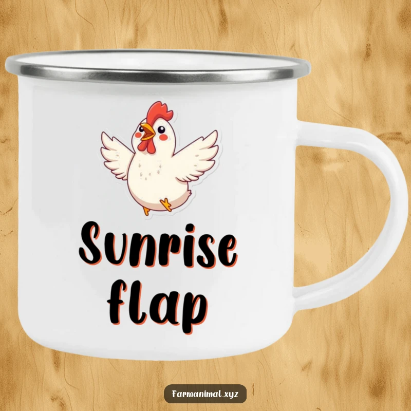Funny Chicken Camping Mug: An excited chicken flaps its wings in a rustic setting, perfect for outdoor farm lovers.
