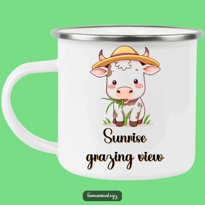 Funny Cow Hat Camping Mug: Enamel Grazing Bovine Mug for Outdoors Gift
