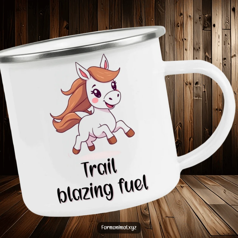 Funny horse camping mug featuring an energetic, joyful horse galloping, designed for outdoor adventures and smiles.