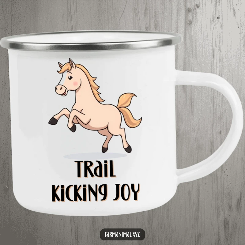 Funny Horse Gallop Camping Mug: A rugged mug featuring a playful horse kicking its legs in a gallop, perfect for outdoors.