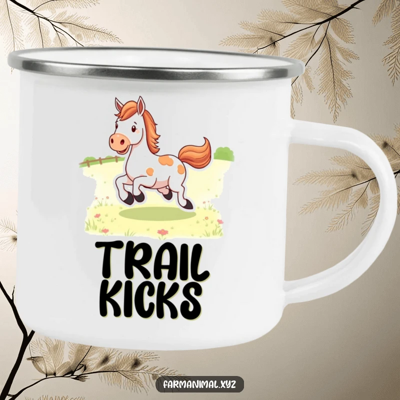 Funny happy horse character kicking its heels in a pasture, a rugged camping mug for hot or cold drinks. For outdoor adventurers.