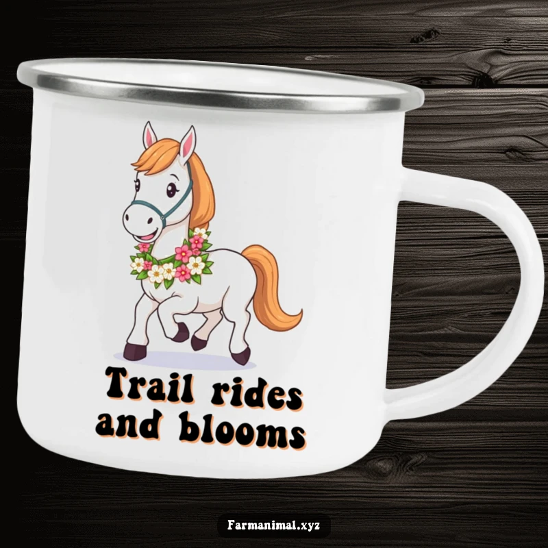 Funny Horse Camping Mug featuring a happy horse with a floral garland, ready for campfire stories and outdoor adventures.