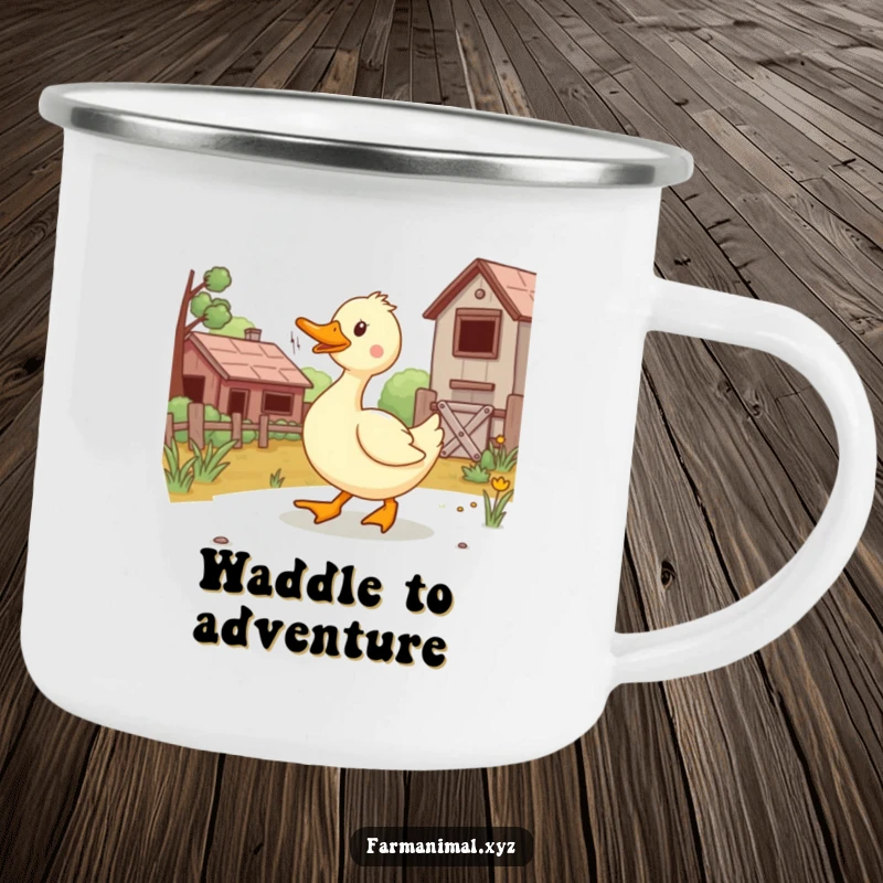 Funny duck waddling around a durable camping mug, perfect for outdoor humor and gifts.