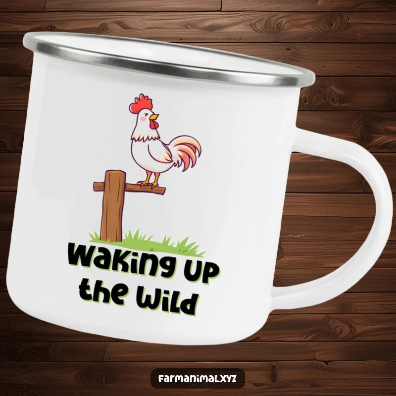 Funny rooster character proudly crowing atop a fence post, a rugged camping mug for outdoor adventures. Perfect for early risers.