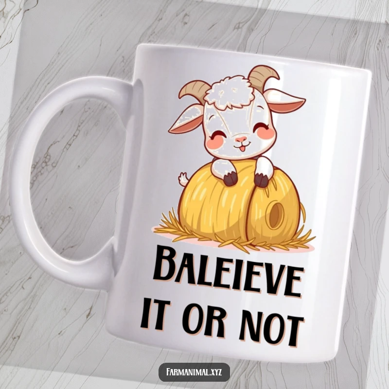 Funny Goat Headbutting Mug, showing a goat playfully ramming a hay bale with gusto, capturing a moment of farmyard silliness and fun.