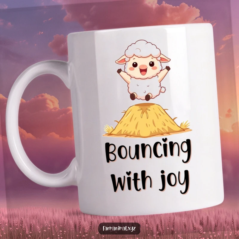Funny Sheep Mug: A fluffy sheep character joyfully bouncing on a haystack, radiating excitement and playful energy.