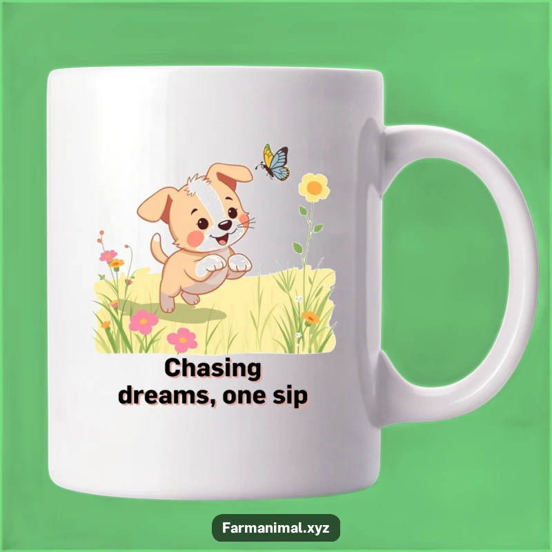 Funny Puppy Butterfly Mug - Playful Dog Chasing Meadow Fun, Perfect Gift