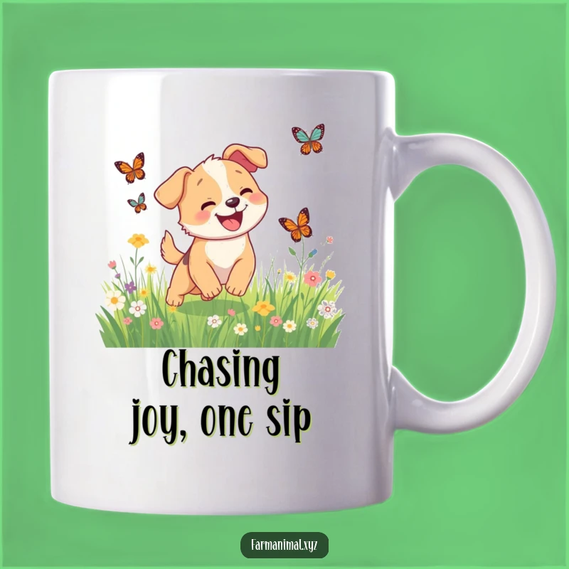 Funny Dog Butterfly Chase Mug, Happy Pooch Meadow Fun, Perfect Funny Gift