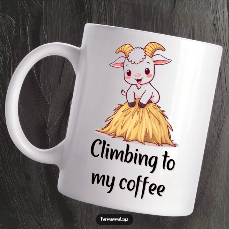 Funny mug shows a mischievous cartoon goat climbing a small haystack with pure glee and joy.