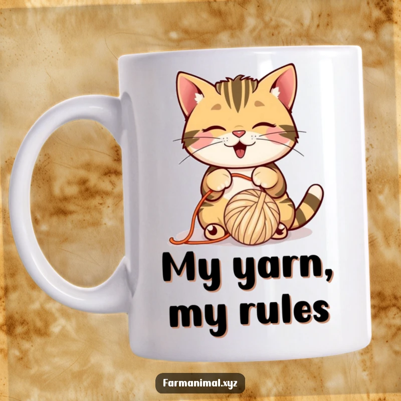 Funny Barn Cat Mug with a playful cat batting a ball of yarn, ideal for cat lovers.
