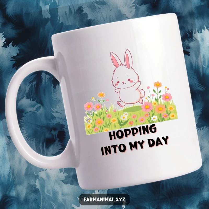 Funny bunny mug featuring a fluffy bunny character joyfully hopping through a vibrant field of colorful wildflowers, radiating happiness.