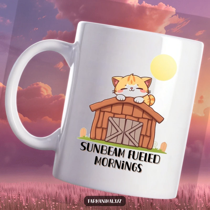 Funny cat mug showing a smiling cat character happily napping on a warm, sunlit barn roof.