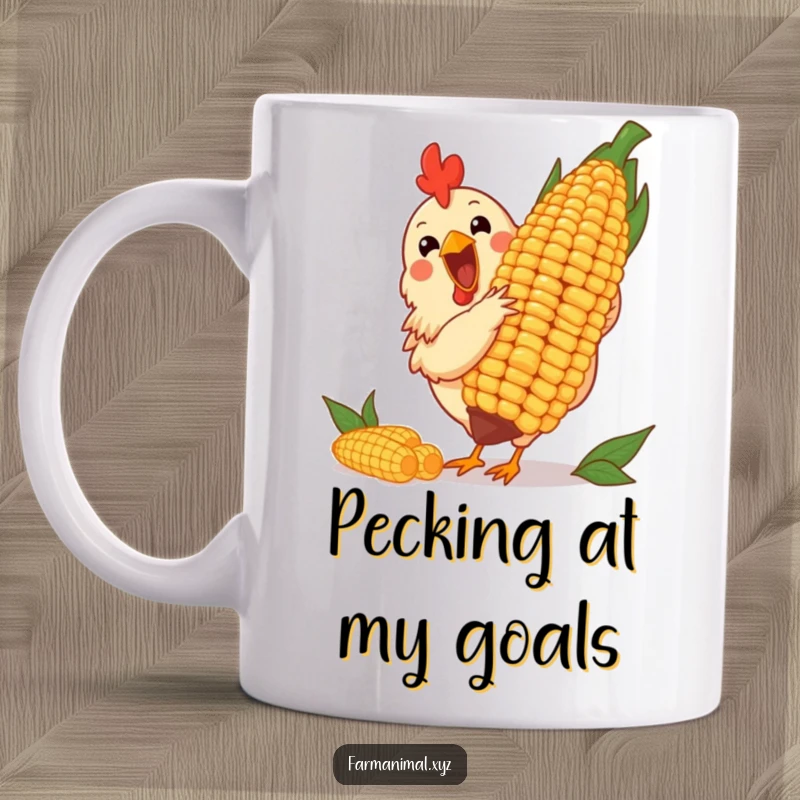 Funny mug with a cheerful chicken excitedly pecking at a huge corn cob, embodying farmyard delight.