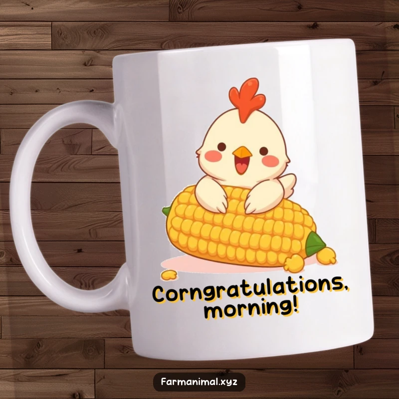 Funny mug with a cheerful chicken excitedly pecking at a giant corn cob with gusto.