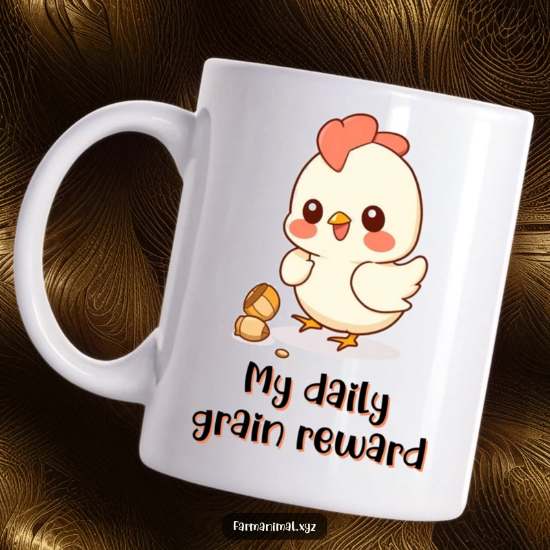 Funny chicken mug with a smiling hen gleefully pecking at a fallen kernel, showcasing playful farmyard humor and delightful character art.