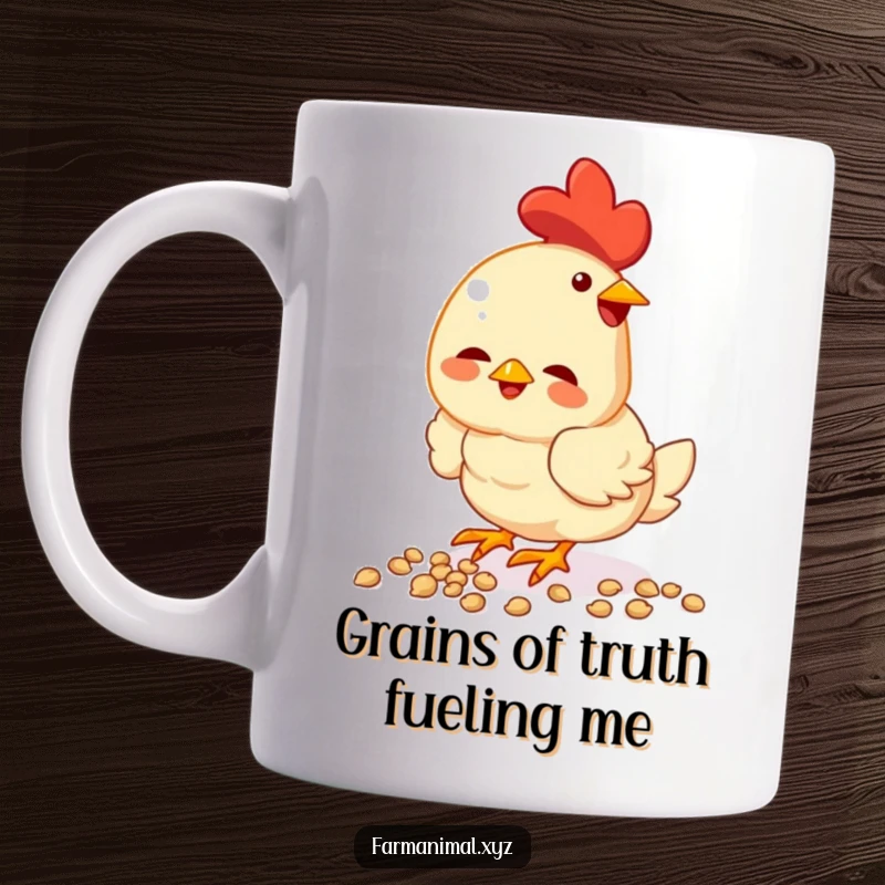 Funny chicken mug, enthusiastically pecking at seeds with focused determination, a delightful farmyard scene for coffee lovers.