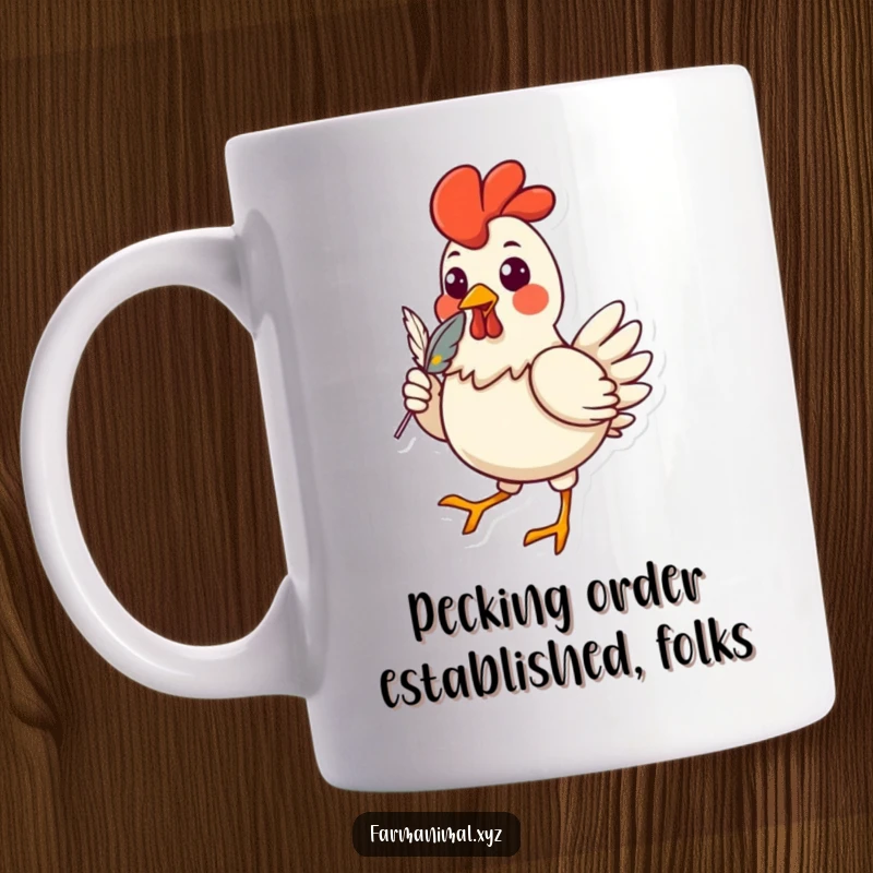 Funny chicken mug with a cheerful character strutting confidently with a feather in its beak, bringing a humorous and lighthearted vibe.