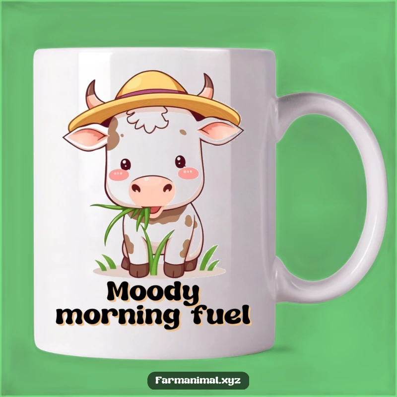 Funny Cow Hat Mug: Happy Grazing Bovine Straw Hat Grass Chewing Gift