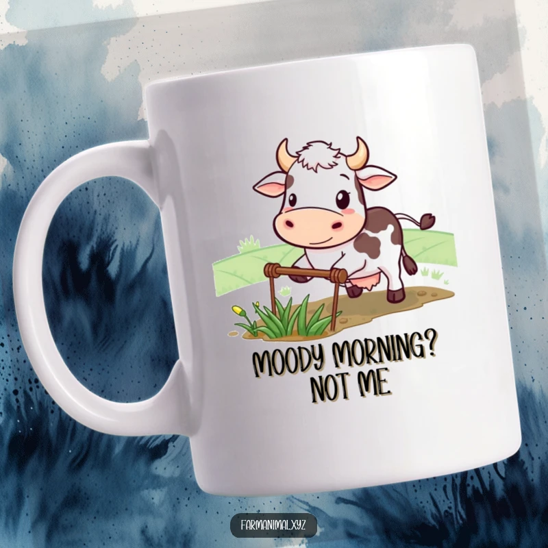 Funny cow mug featuring a determined character plowing a small field with a big smile, showcasing hard work and humorous farm life.