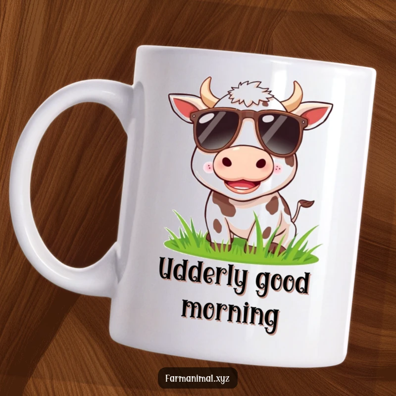 Funny cow wearing sunglasses, happily munching grass on a coffee mug, bringing a smile.