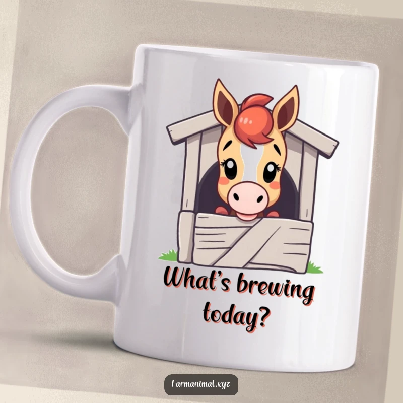 Funny horse mug featuring a curious horse character with its head over a stable door, looking out with interest and gentle eyes.
