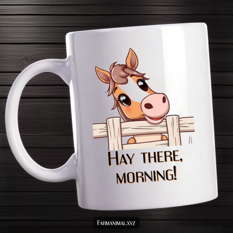 Funny Horse Mug featuring a curious horse with wide, friendly eyes peeking over a fence, expressing gentle wonder and farm charm.